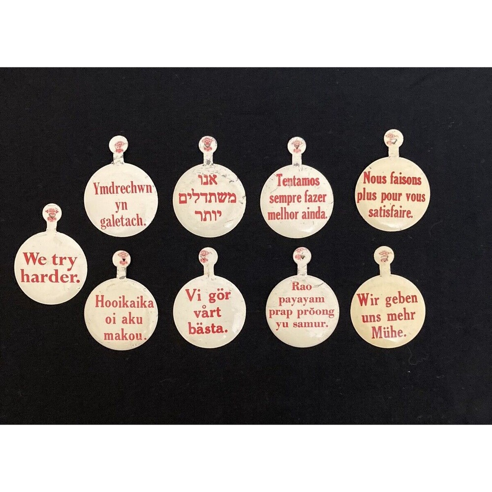 Vtg Avis Rent A Car Buttons We Try Harder 9 Languages Features Plymouth Ford 70s